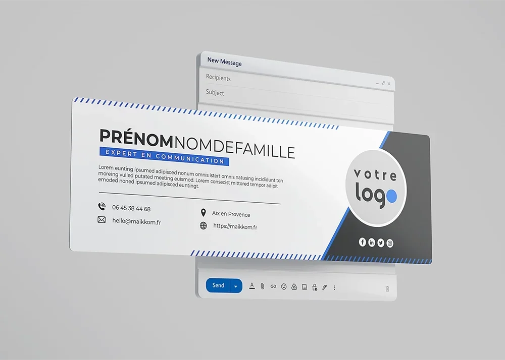 Maikkom signature email - Interface signature email professionnelle avec informations contact et liens sociaux intégrés